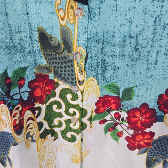 Citron Silk Sleeveless V-Neck Top Floral Koi Snake Textured Print Long Line M - Picture 7 of 8